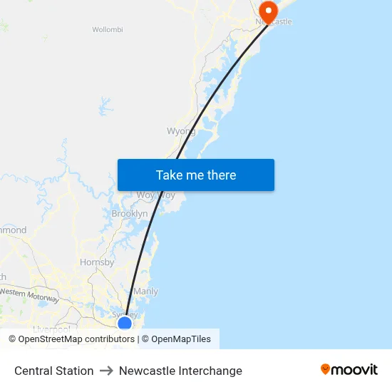 Central Station to Newcastle Interchange map