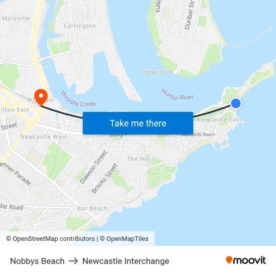 Nobbys Beach to Newcastle Interchange map