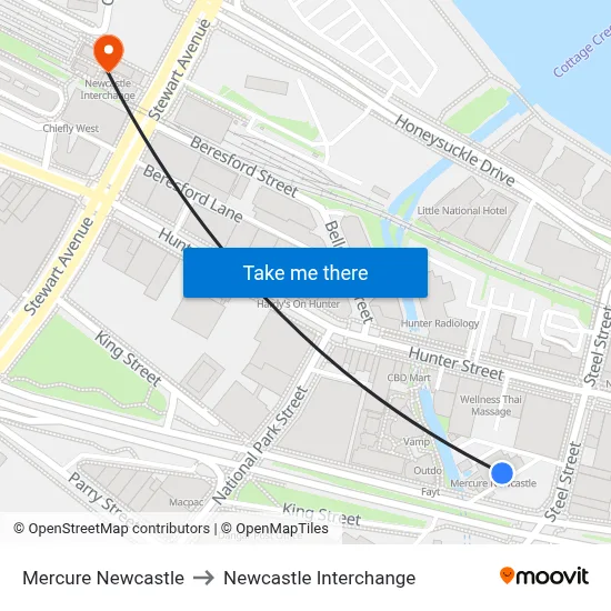 Mercure Newcastle to Newcastle Interchange map