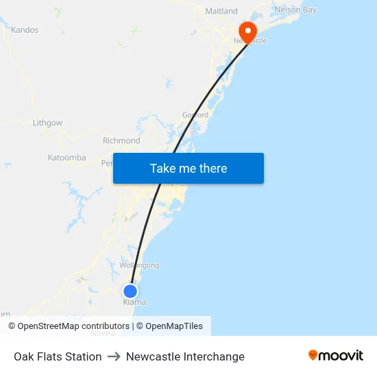 Oak Flats Station to Newcastle Interchange map