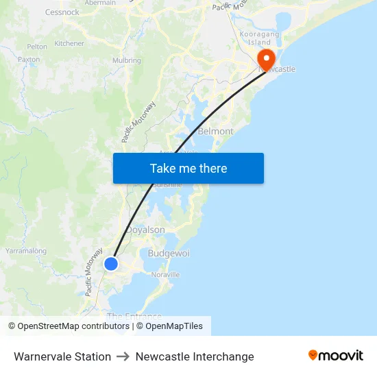 Warnervale Station to Newcastle Interchange map
