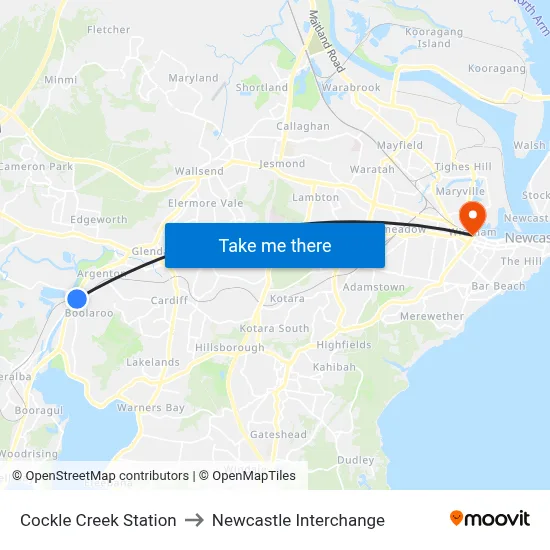 Cockle Creek Station to Newcastle Interchange map