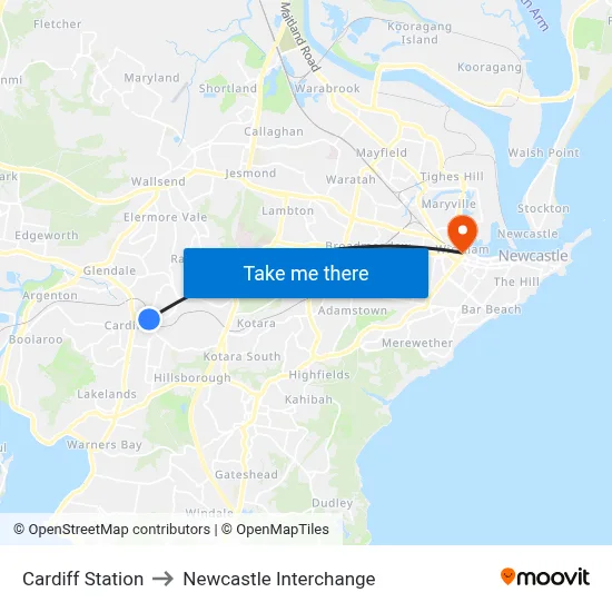 Cardiff Station to Newcastle Interchange map