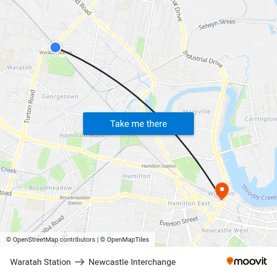 Waratah Station to Newcastle Interchange map