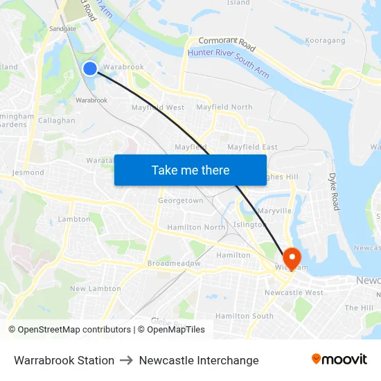 Warrabrook Station to Newcastle Interchange map