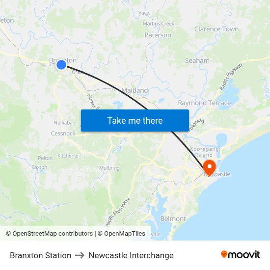 Branxton Station to Newcastle Interchange map
