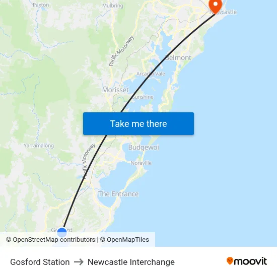 Gosford Station to Newcastle Interchange map