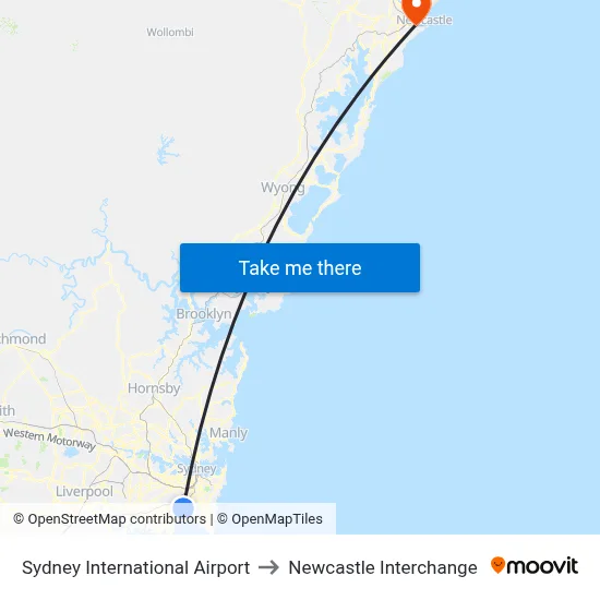 Sydney International Airport to Newcastle Interchange map