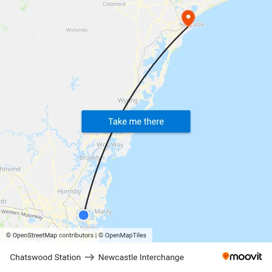 Chatswood Station to Newcastle Interchange map
