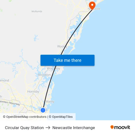 Circular Quay Station to Newcastle Interchange map