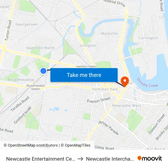 Newcastle Entertainment Centre to Newcastle Interchange map