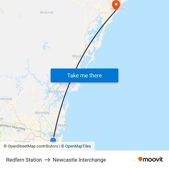 Redfern Station to Newcastle Interchange map