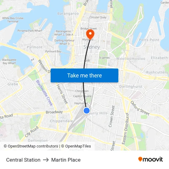 Central Station to Martin Place map