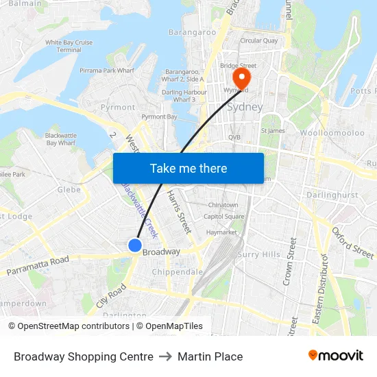 Broadway Shopping Centre to Martin Place map
