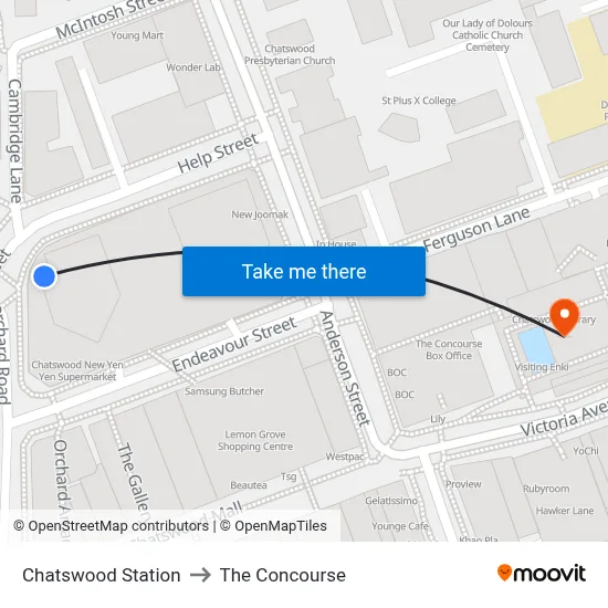 Chatswood Station to The Concourse map