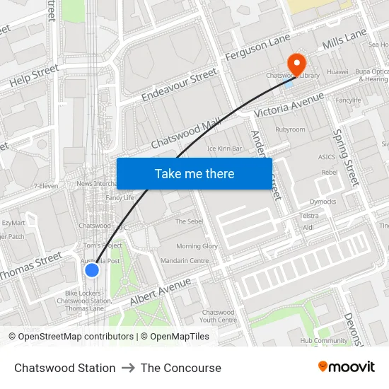 Chatswood Station to The Concourse map