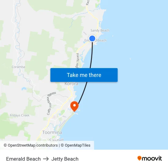 Emerald Beach to Jetty Beach map