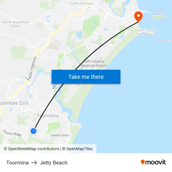 Toormina to Jetty Beach map