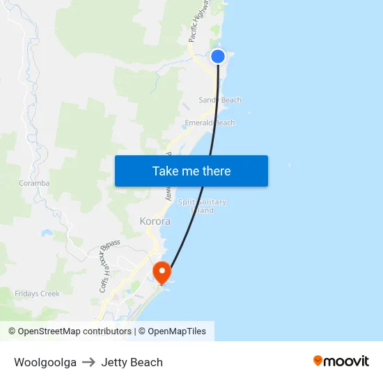 Woolgoolga to Jetty Beach map