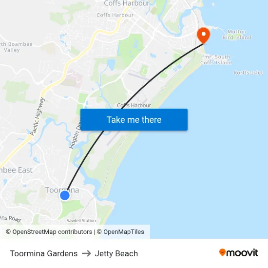 Toormina Gardens to Jetty Beach map