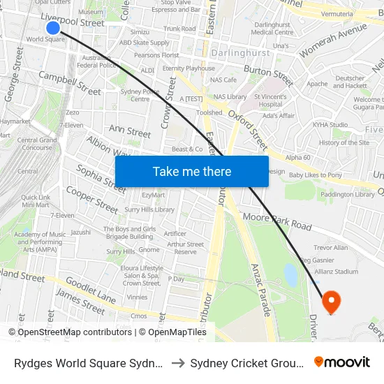 Rydges World Square Sydney to Sydney Cricket Ground map