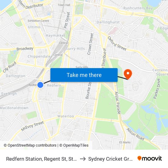 Redfern Station, Regent St, Stand C to Sydney Cricket Ground map