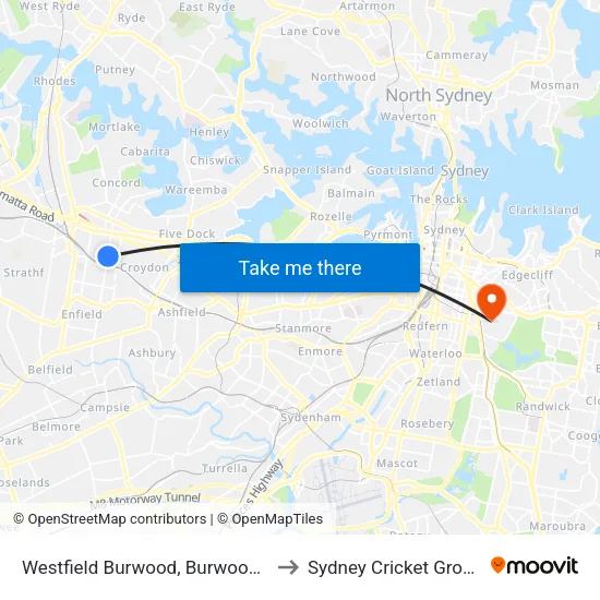 Westfield Burwood, Burwood Rd to Sydney Cricket Ground map