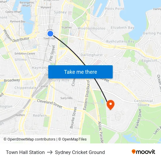 Town Hall Station to Sydney Cricket Ground map