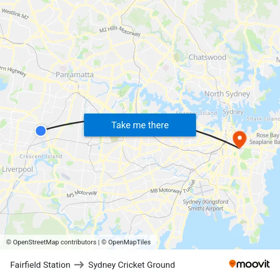 Fairfield Station to Sydney Cricket Ground map