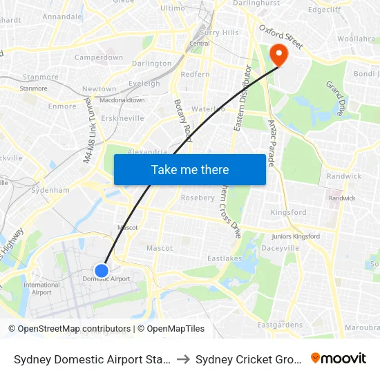Sydney Domestic Airport Station to Sydney Cricket Ground map