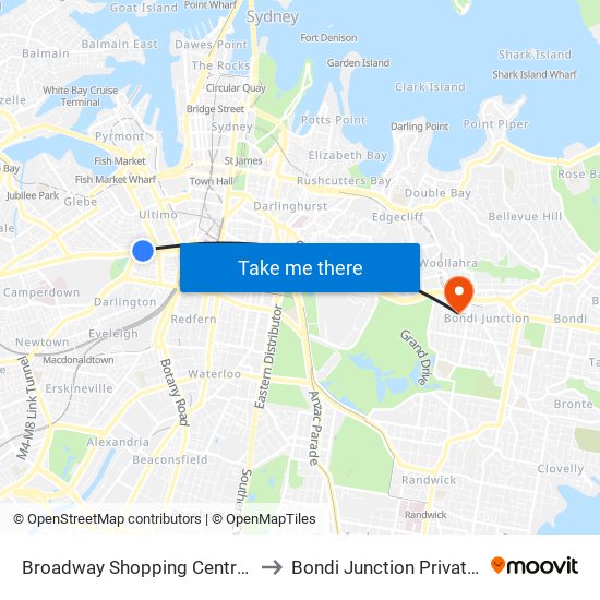 Broadway Shopping Centre, Broadway to Bondi Junction Private Hospital map