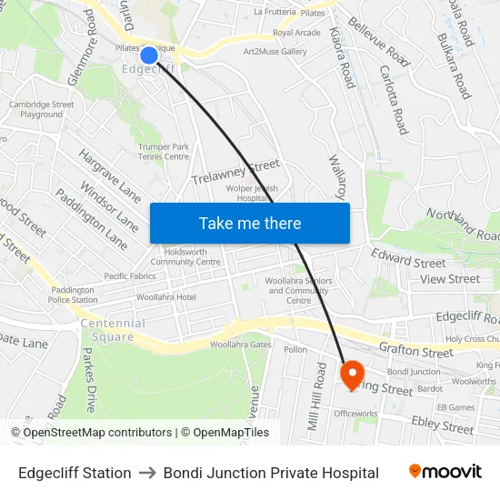 Edgecliff Station to Bondi Junction Private Hospital map