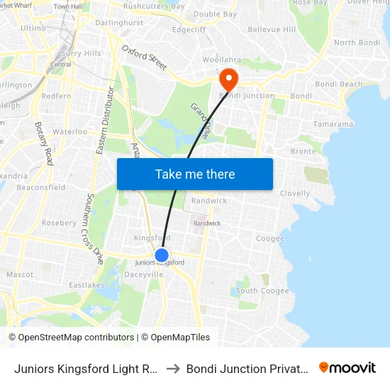 Juniors Kingsford Light Rail, Stand B to Bondi Junction Private Hospital map