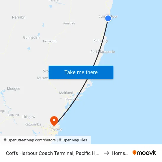 Coffs Harbour Coach Terminal, Pacific Hwy to Hornsby map