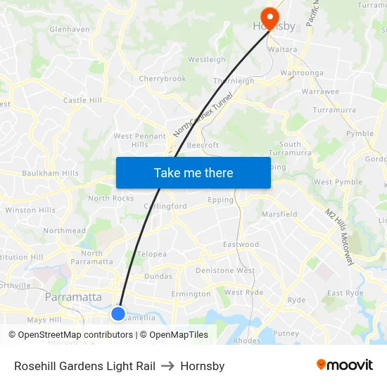 Rosehill Gardens Light Rail to Hornsby map