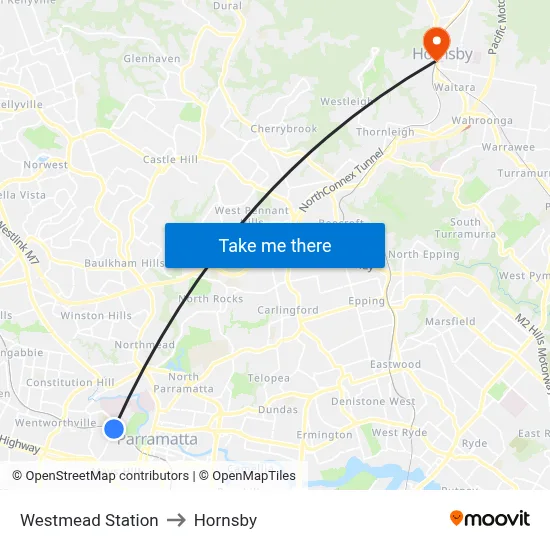 Westmead Station to Hornsby map