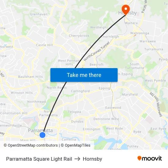 Parramatta Square Light Rail to Hornsby map