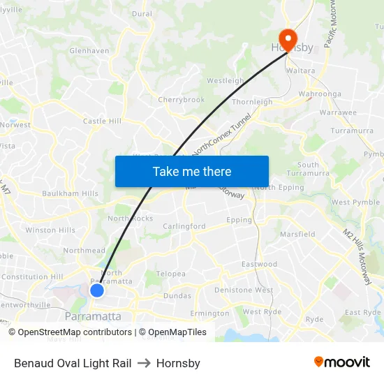 Benaud Oval Light Rail to Hornsby map