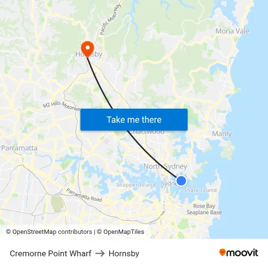 Cremorne Point Wharf to Hornsby map