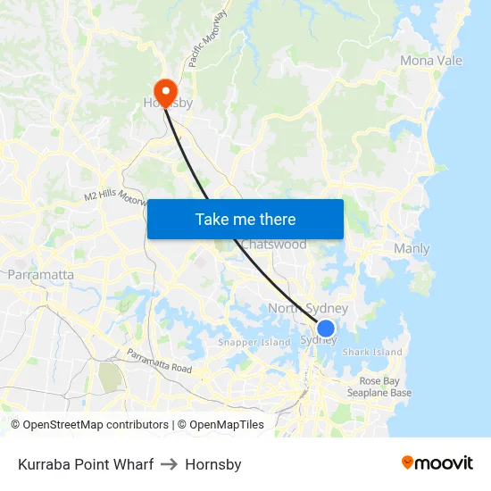 Kurraba Point Wharf to Hornsby map