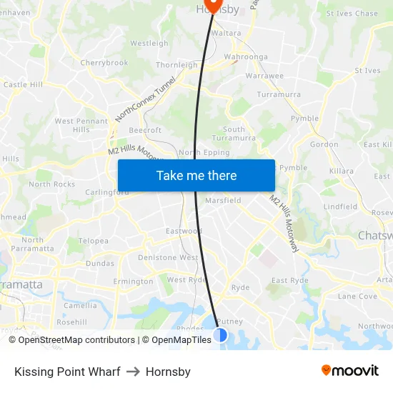 Kissing Point Wharf to Hornsby map