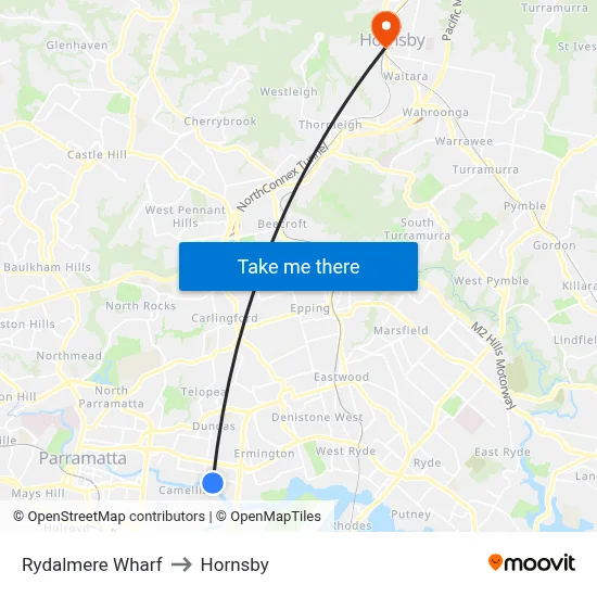 Rydalmere Wharf to Hornsby map