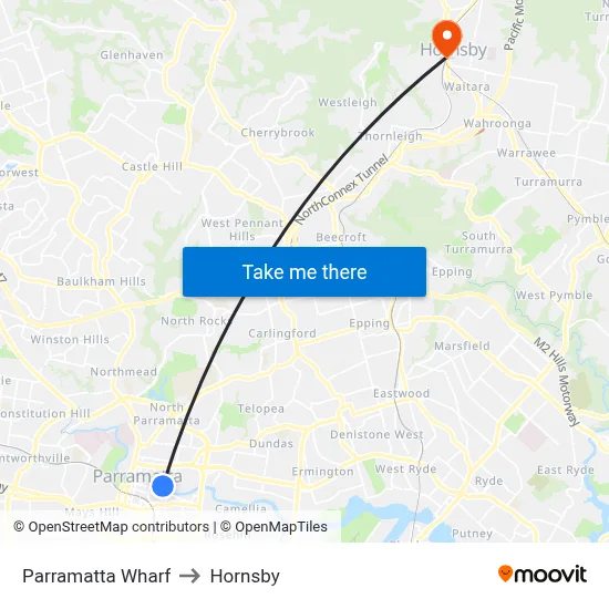 Parramatta Wharf to Hornsby map
