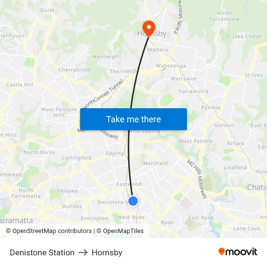 Denistone Station to Hornsby map