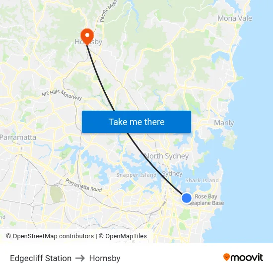 Edgecliff Station to Hornsby map