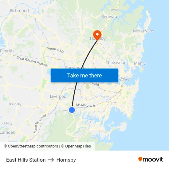 East Hills Station to Hornsby map
