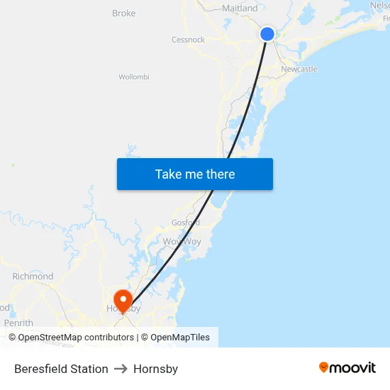Beresfield Station to Hornsby map