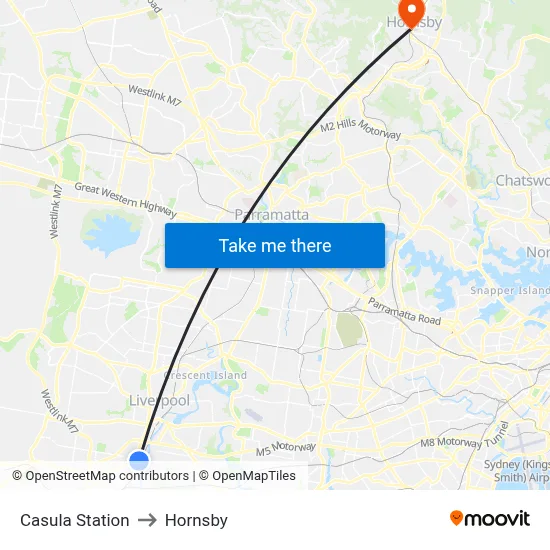 Casula Station to Hornsby map