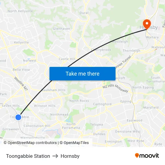Toongabbie Station to Hornsby map