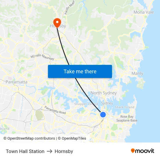 Town Hall Station to Hornsby map